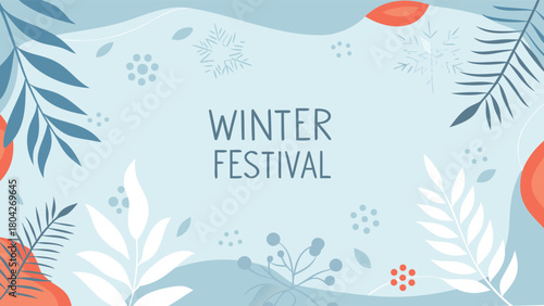 Abstract winter scene with swirling frosty smoke scattered delicate snow flurries and bold stylized leaf elements perfect for seasonal design projects