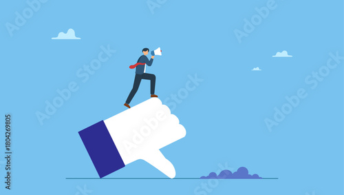 Bad businessman with megaphone discredit and blaming other people on thumb down symbol. Discredit or blame other people, bullying and discourage speaking, fake news or negative feedback.