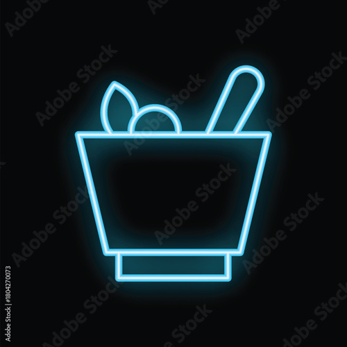 Blue neon icon of mortar and pestle with leaves, glowing on dark background, representing natural medicine and healthy lifestyle