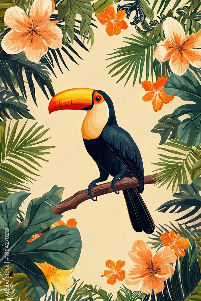 Naklejka premium A toucan perched on a high branch, framed by tropical flowers