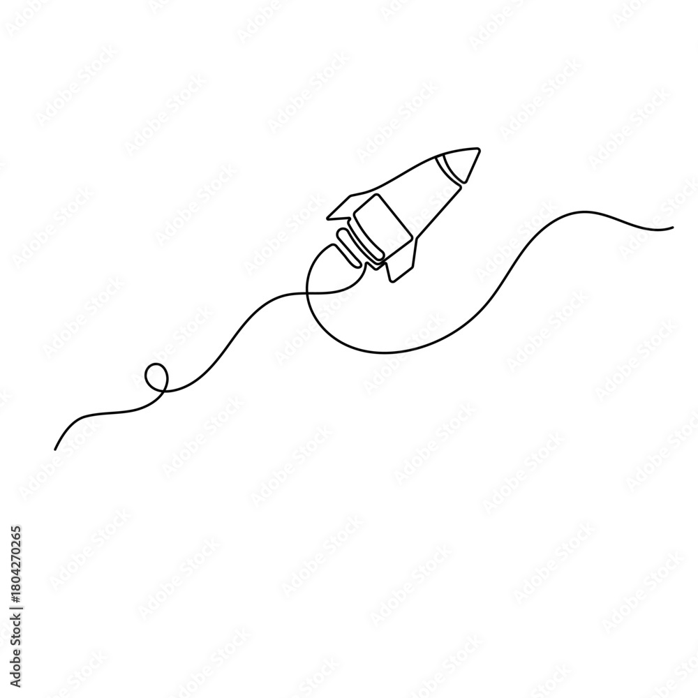 Fototapeta premium Space rocket launch, continuous line art, minimalist outline vector