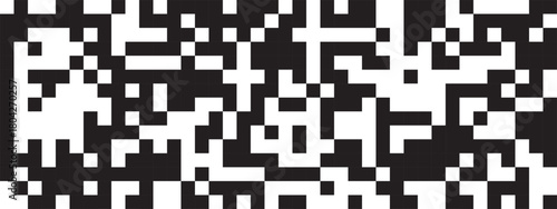 Random black and white pixels background. Square shapes in chaotic arrangement. Abstract mosaic pattern. Destruction, dissolution, distribution or dissolving process. Vector graphic illustration