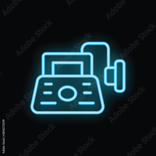 Blue glowing neon icon of a credit card reader processing payment with a card inserted