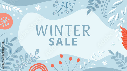 Cool toned winter promotional banner design featuring seasonal graphics and text elements perfect for advertising holiday sales and events