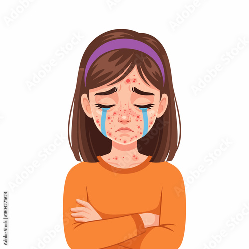Sad young woman crying due to severe acne and facial rash, illustration of emotional distress caused by skin condition.