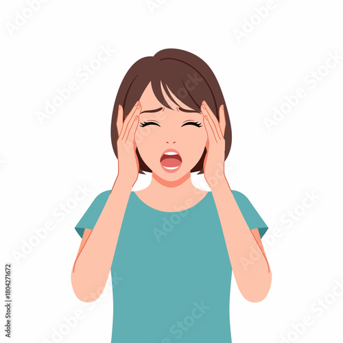 Woman suffering from severe headache or migraine, stress, or desperate pain, holding her temples, vector illustration