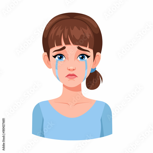 Crying sad woman face vector illustration. Emotional distress, grief, sorrow, or pain concept, isolated on white background.
