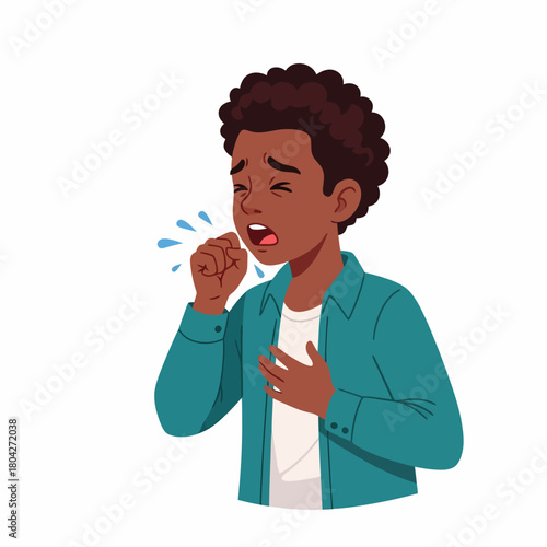 Illustration of an African American Boy Coughing, Showing Symptoms of Illness, Cold, or Flu