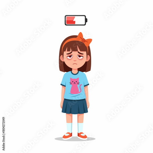 Exhausted little girl with low energy battery indicator. Child fatigue and burnout concept.