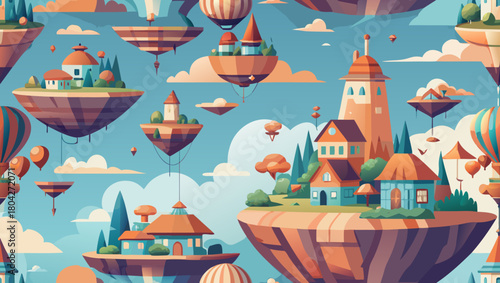 Floating islands with houses and hot air balloons in a whimsical landscape