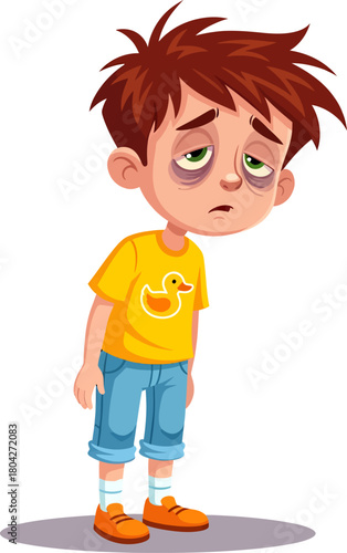 Exhausted Cartoon Boy with Dark Circles Under Eyes