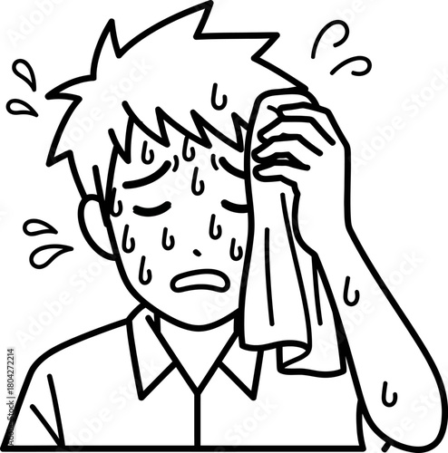 Sweating Man Wipes Forehead, Suffering from Heat or Exhaustion
