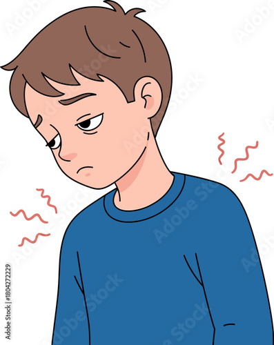 Cartoon illustration of a young man suffering from neck pain, muscle stiffness, and chronic fatigue, representing common illness symptoms or workplace burnout.