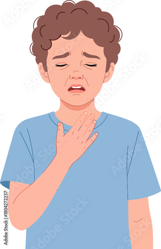 Little boy suffering from a sore throat, holding his neck in pain. Child experiencing difficulty swallowing or respiratory distress due to illness or allergy.