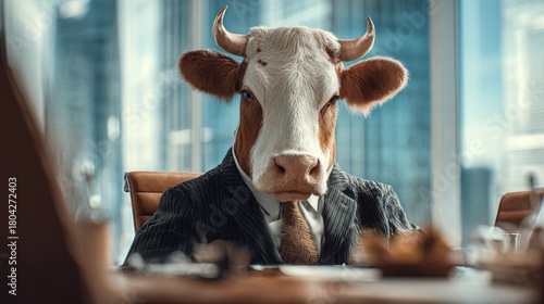 Wallpaper Mural A cow in a business suit sits at a table in a modern office, looking forward with a serious expression Torontodigital.ca