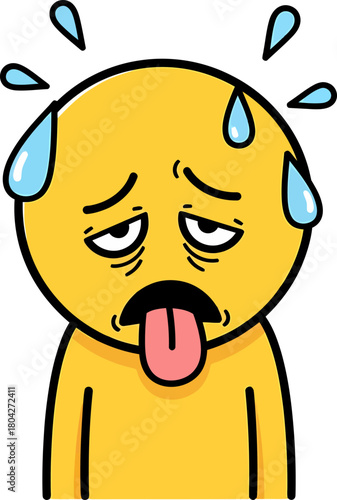 Sweaty Exhausted Character Doodle. Hot Summer Fatigue Cartoon Emoticon.