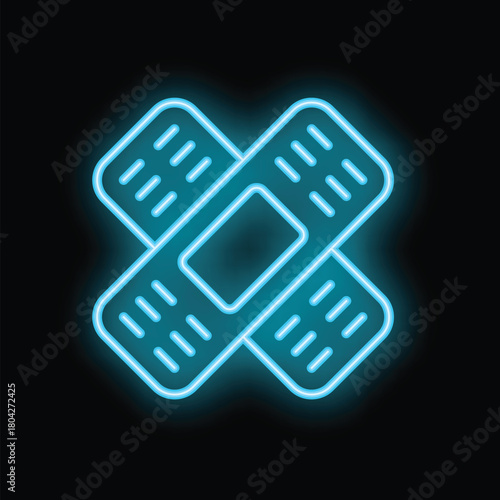 Bright blue neon adhesive bandage glowing on black background concept for healthcare, medical, injury and wound care