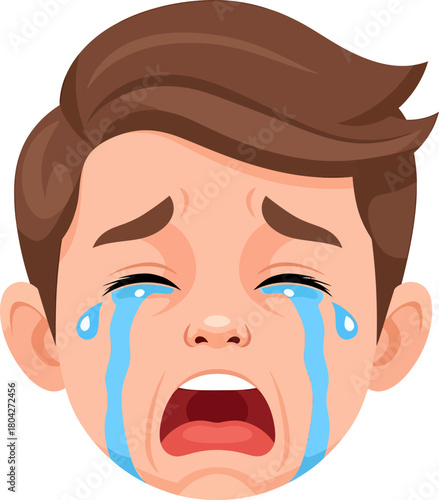 Crying boy face expression vector illustration. Distressed male head wailing with tears streaming down, isolated on white background.