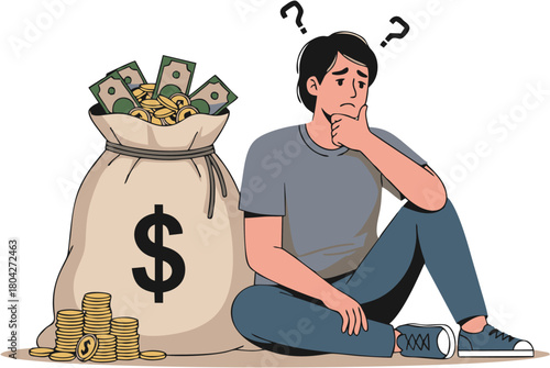 A thoughtful person contemplating a large bag of money and a pile of coins, symbolizing financial decisions and wealth management