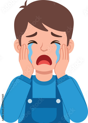 Crying Boy Illustration. Sad and Distressed Child Weeping Heavily with Tears Streaming Down His Face, Representing Grief or Emotional Pain.