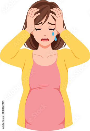 Crying Pregnant Woman Suffering from Stress, Depression, or Headache. Emotional Distress and Sadness during Pregnancy.
