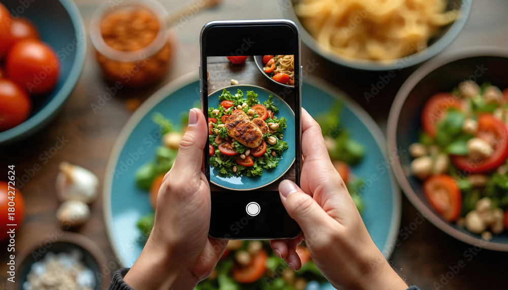© Pete - Person takes photo of salad with smartphone. Hands holding phone, focus on food. Fresh healthy meal, tomatoes, greens. Food photography, mobile device, social media concept.