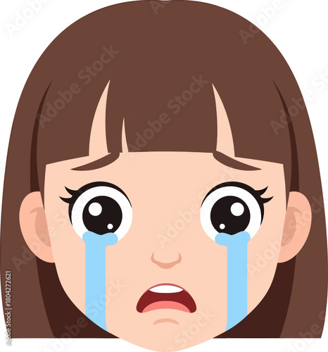 Crying girl face vector illustration, distressed female avatar with streaming tears, representing sadness, grief, and despair emotion.