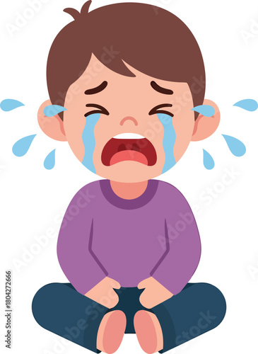Crying Boy Cartoon Illustration: Sad Toddler Experiencing Distress, Tantrum, or Frustration