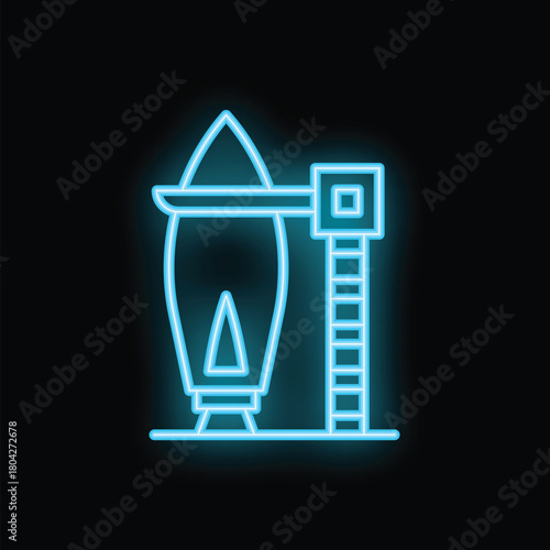 Neon blue icon of a space rocket on launchpad waiting for take off