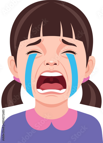 Vector illustration of a little girl screaming and crying heavily. Upset child having a tantrum with blue tears.