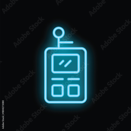 Bright blue neon sign depicting a portable radio device featuring an antenna and display, set against a dark backdrop