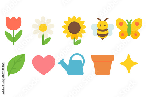 Gardening and nature flat icon set. Flowers, plants, and insects visual collection