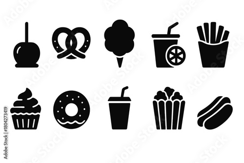 Food and drink solid icon set: snacks, refreshments, and fast food symbols collection