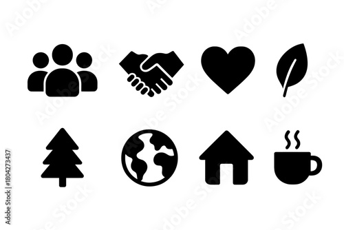 Nature and community silhouette icon set. Environment and social symbols collection.