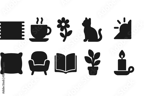 Animal and home silhouette icon set. Pet, flower, furniture silhouette collection