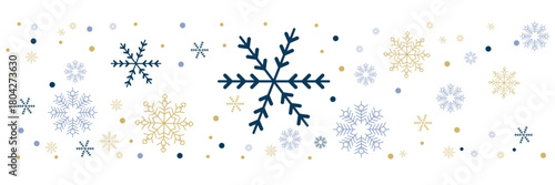 Abstract snowflake seamless border. Snowflakes seamless pattern. Snowfall repeat backdrop. Winter holidays theme. Seamless background with snowflakes. Vector illustration