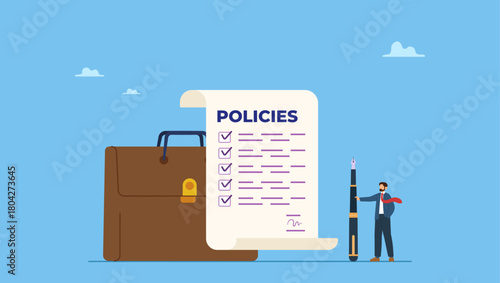 Businessman holding pen with company policy document and business briefcase. Company policies document, legal of term and services, agreement or process to follow, corporate rules or guidance.