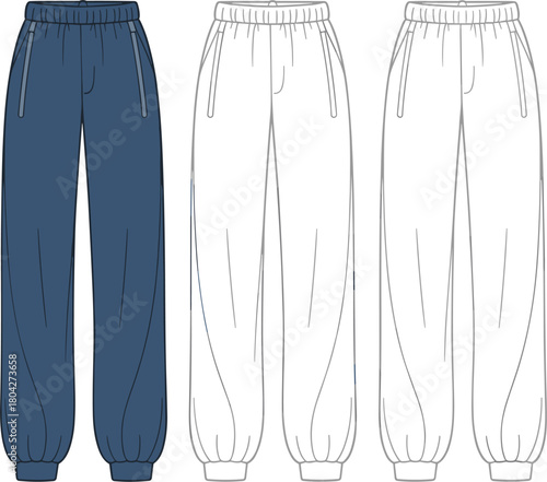 Technical flat drawing of cuffed joggers vector illustration, sweatpants fashion apparel template, line art and color front view graphic