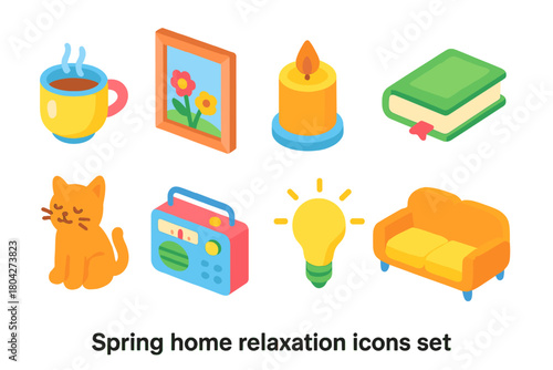 Spring home relaxation icon set. Cozy, comfort, leisure in isometric 3d icons.