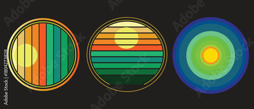 Sunset retro badge and emblem set. Abstract ocean view background inside circles shapes with geometric vintage distressed style. Retro striped sunset prints circle shapes 4K .