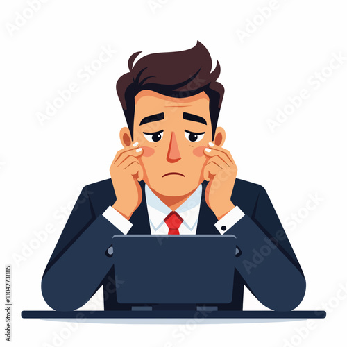 Tired businessman suffering from stress and burnout. Overworked employee with eye strain staring at a laptop screen. Flat design character graphic