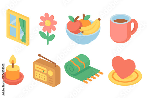 Home and leisure icon set. Relaxation, lifestyle, and comfort 3d icons collection.