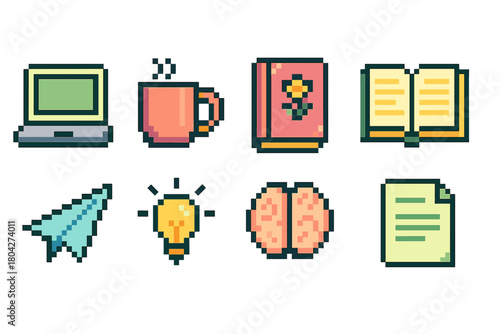 Education and office pixel icon set. Learning, technology, work outline icons collection