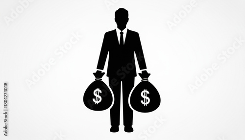 Businessman holding two money bags full of cash and dollars