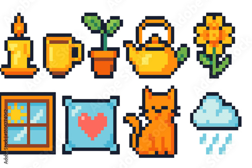 Home comfort pixel art icon set. Cozy, relaxation, domestic icons pixel collection