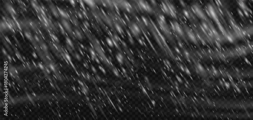 Snow effect snowstorm blizzard with transparent falling white png snowflake overlay. Winter texture with cold ice or wind in sky. Isolated realistic snowy sparkle pattern on black background