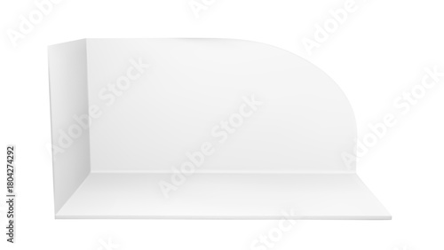 Stand booth 3d room mockup with white empty corner cube box perspective front view. Mock up template area for expo realistic display or tradeshow floor kiosk. Open render isolated on background setup.