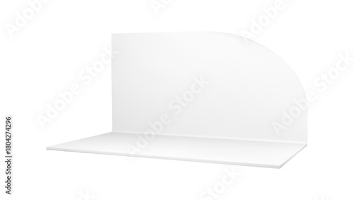 Booth stand room corner 3d mockup with empty white box wall, floor section inside view. Mock up realistic interior for tradeshow kiosk display or office exhibition. Blank render on plain background