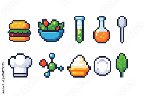 Pixel food and cooking icon set. Delicious meal and kitchen tools in pixel style