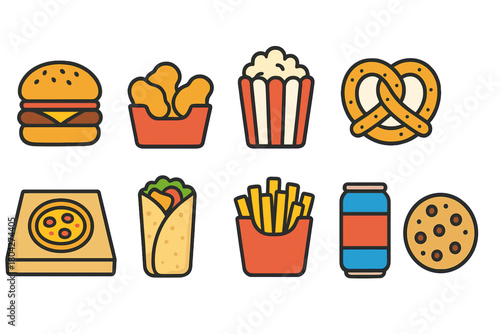Fast food flat icon set. Snacks, burgers, popcorn, pizza, pretzels, drinks, cookies